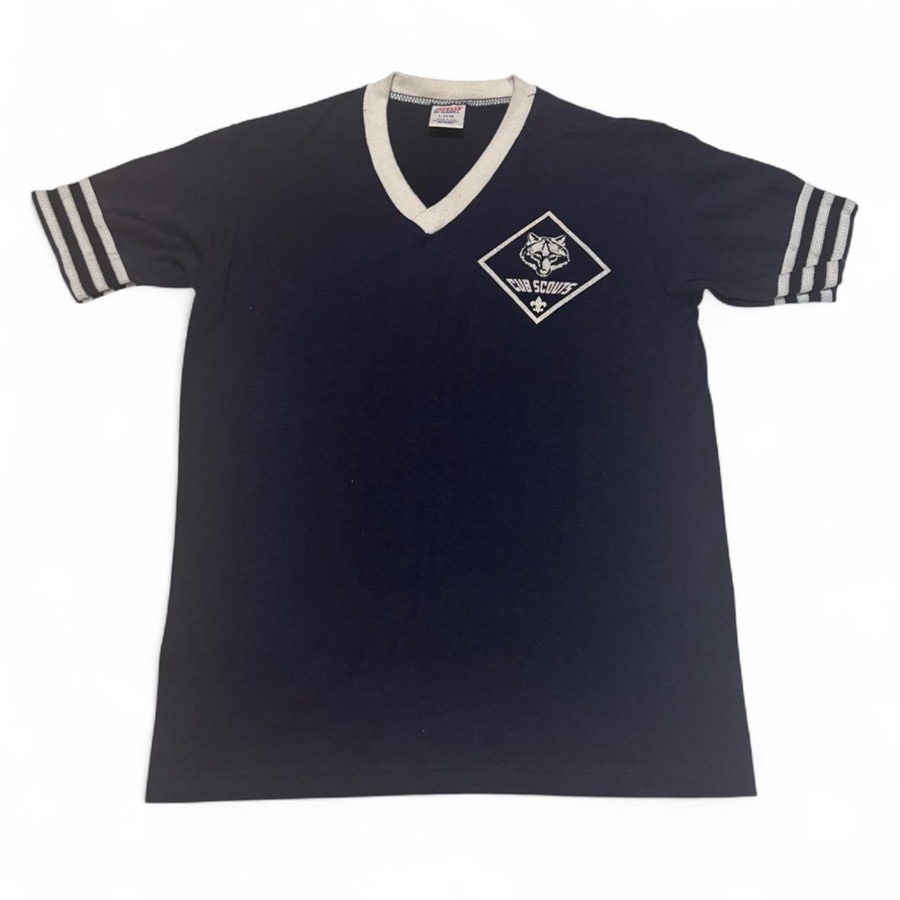 VTG 80s Cub Scouts V Neck Ringer Tee Youth Large 14 - 16 Jerzees by Russell USA